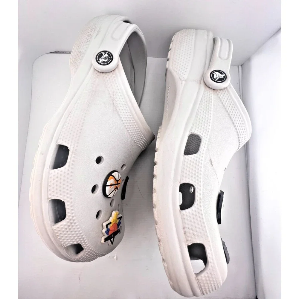 Crocs Classic Clog Gray Slip On Shoes Men's 10 Basketball Charms Summer Casual